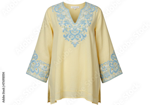 Φωτογραφία Isolated elegant pastel yellow tunic with beautiful embroidery, chic V-neck, for