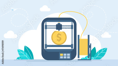 A 3D printer prints money. Cartoon color 3d Printer printed sculpture makes volume object. 3D printing technology using artificial intelligence. Innovation technology and software. Vector illustration