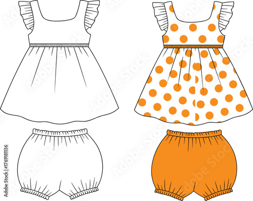 Baby girl dress and bloomer cad flat sketch, kidswear fashion vector illustration, polka dot outfit design, garment technical drawing template
