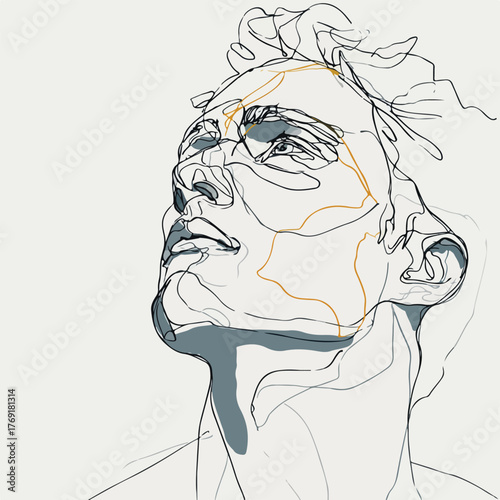 Elegant continuous line portrait of man gazing upward