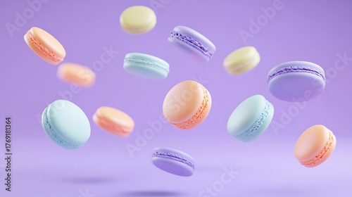 Wallpaper Mural Colorful Macarons Floating in Air on a Lavender Background, Sweet French Dessert Pastries Torontodigital.ca
