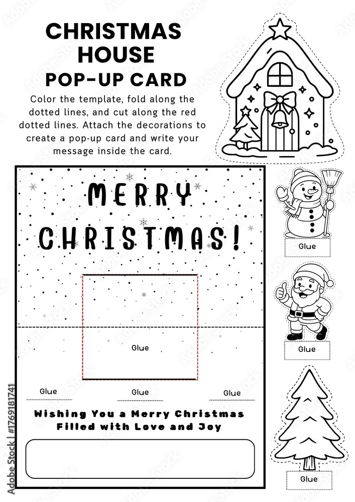 Fototapeta premium Christmas house pop-up card craft templates for kids! A fun DIY coloring and folding activity to create festive greeting cards. Perfect for classroom crafts, holiday gifts, and home projects.