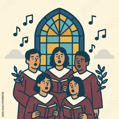 Choir group singing in church with stained glass window