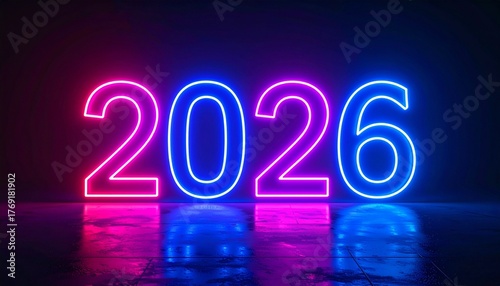 Neon number 2026 glowing on dark background