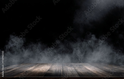 Dark Wood Table with Smoke on Black Background.