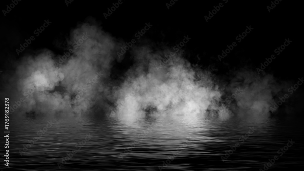 Fototapeta premium Abstract smoke steam moves on black background texture . The concept of aromatherapy. Reflection on water. Stock illustration.