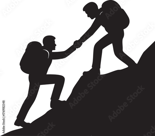 Mountain climber helping another person silhouette vector