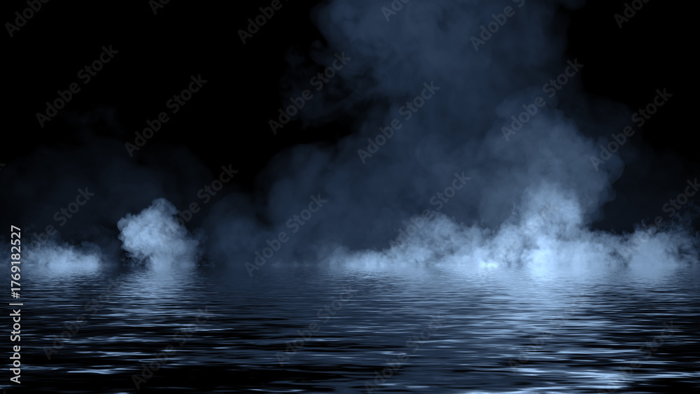 Fototapeta premium Blue abstract smoke steam moves on black background texture . The concept of aromatherapy. Reflection on water. Stock illustration.