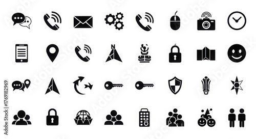 Collection of 32 diverse black and white modern icons representing communication technology business and lifestyle concepts