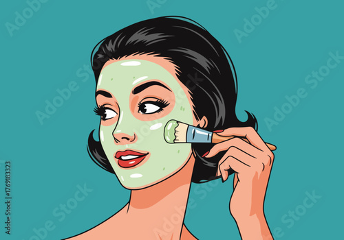 Pop art graphic of a woman with a face mask. Vintage beauty and skincare concept. Retro self-care routine