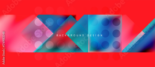 Abstract geometric shapes, vibrant colors, red background. Modern design elements create dynamic visual composition.