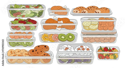 An assortment of fresh and prepared food items, including salads, fruits, chicken, and baked goods, neatly packed in clear plastic containers.