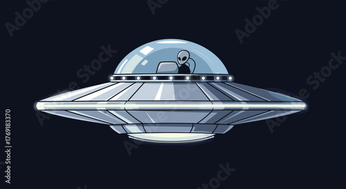 A grey alien navigates a classic silver flying saucer through the dark expanse of space, busily working at a control panel.