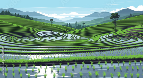 A vibrant pixel art landscape featuring expansive green rice terraces filled with water, reflecting the sky and surrounding mountains.