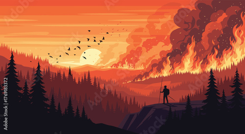 A solitary hiker observes a massive wildfire consuming a vast forest, as birds escape towards the distant setting sun and smoke fills the sky.