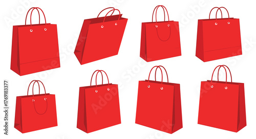 Various red shopping bags with handles, displayed in different angles on a white background, perfect for themes of retail, gifts, and commerce.