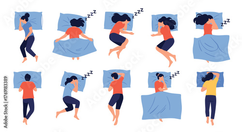 Collection of diverse people sleeping in various common and comfortable positions in bed, showcasing different sleep postures for relaxation.