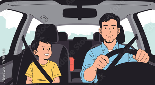 A father and son share a joyful moment while driving safely in their car, heading out for a family trip.