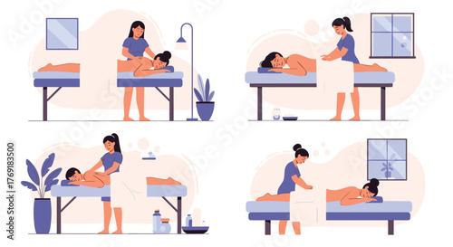 Massage therapists providing relaxing body treatments to diverse clients in a serene spa environment, promoting wellness and stress relief.