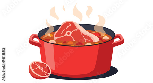 A vibrant illustration of a delicious meat stew simmering in a red pot, complete with steam rising and a fresh citrus garnish.