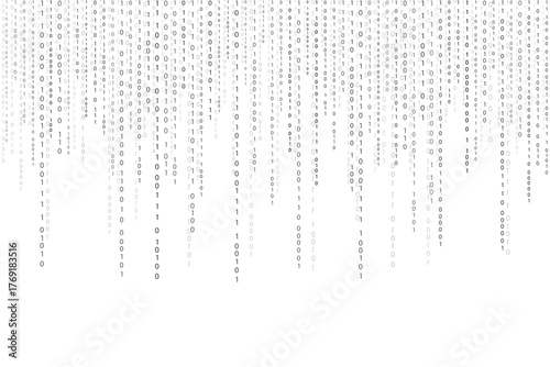 Binary code rain background. Digital numbers 0 and 1 pattern. Vector abstract technology grey futuristic backdrop. Falling script bg