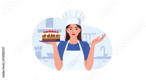 A friendly female baker in a chef's hat and apron proudly presents a freshly baked chocolate cake with cherries in a clean kitchen setting.