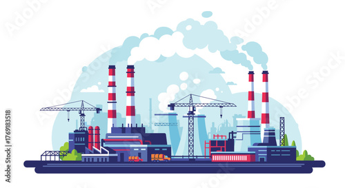 Industrial landscape with factories, smoke stacks, and cranes emitting smoke into the sky, depicting heavy industry and pollution.