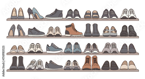 A diverse collection of men's and women's shoes, boots, sneakers, and heels neatly arranged on multiple wooden shelves.