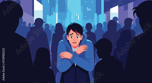 Anxious young man overwhelmed by a crowded urban environment, visibly distressed and sweating from a panic attack.