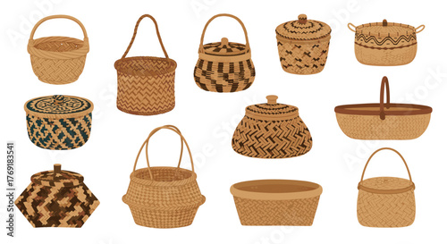 A diverse collection of intricately woven natural fiber baskets, showcasing various shapes, sizes, and traditional patterns on a white background.