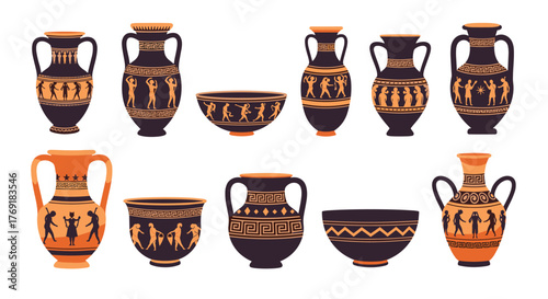 A vibrant collection of ancient Greek vases and bowls, featuring classic black-figure and red-figure styles depicting mythological and daily life scenes.