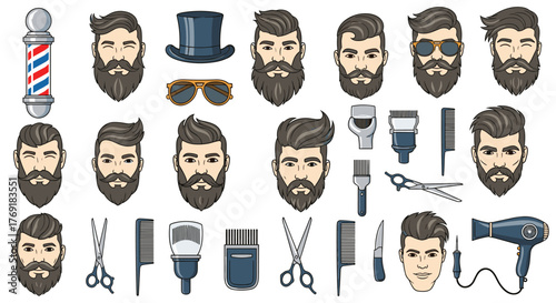 Stylish men with beards and pompadour hairstyles are depicted alongside essential barbershop tools and grooming accessories.