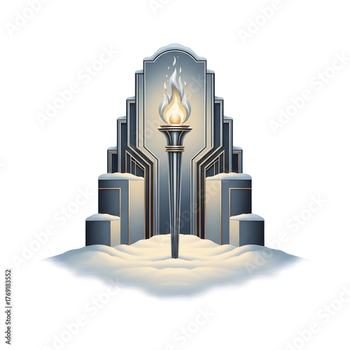 Sports torch on snowy pedestal, flame symbol of winter games opening