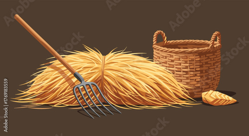 Rustic farm still life featuring a traditional pitchfork leaning against a golden bale of hay, with an empty woven basket and scattered straw nearby.