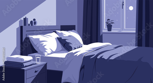 A serene bedroom at night, bathed in soft moonlight and rendered in a soothing pixel art style, creating a calm and inviting atmosphere.