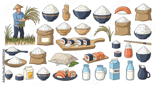 Illustrations of rice cultivation, harvesting, food preparation like sushi, and various rice products in bowls and sacks, alongside dairy items.