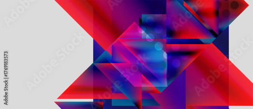 Abstract geometric composition. Vivid colors blend, creating dynamic shapes. Triangles, squares overlap, forming complex patterns. Modern digital art.