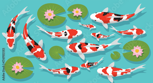 Vibrant top-down view of a school of colorful koi fish swimming amongst green lily pads with pink lotus flowers in a tranquil blue pond.