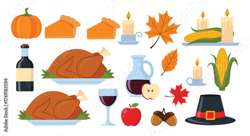 A festive collection of Thanksgiving holiday elements, including food, autumn decorations, and traditional symbols, arranged on a white background.