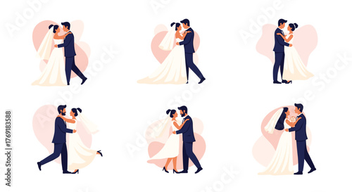 A beautiful collection of wedding illustrations depicting diverse brides and grooms embracing and dancing lovingly, celebrating their special day.