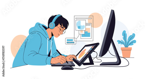 A focused young person wearing headphones and glasses works on a digital drawing tablet connected to a computer, engaged in creative tasks.