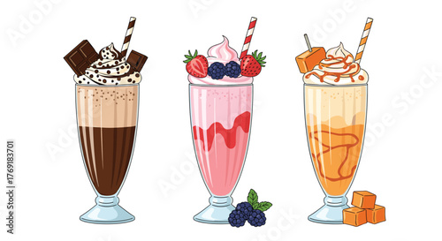 Three delicious and colorful milkshakes, including chocolate, berry, and caramel flavors, beautifully decorated with whipped cream and toppings, isolated on white.