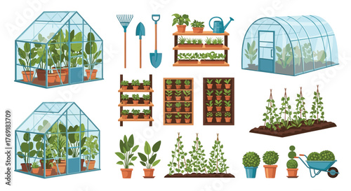 Illustration of gardening essentials including greenhouses, diverse potted plants, and cultivation setups on a white background.