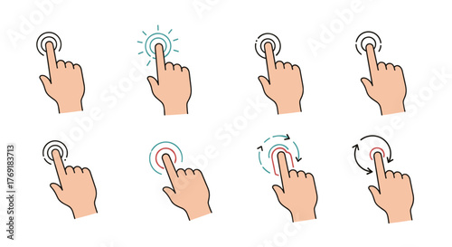 Collection of hand gestures illustrating common touchscreen interactions like tap, press, and rotate.
