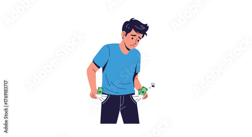 A young man looks down sadly, showing his empty pockets with only a few small bills and a fly, symbolizing financial problems.