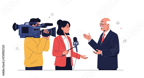 A female TV reporter interviews a distinguished older man, likely a public figure or expert, while a cameraman films the segment.