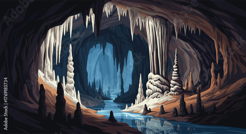 Pixel art illustration of a deep, mysterious cave with a flowing river, illuminated by distant light, adorned with stalactites and stalagmites.