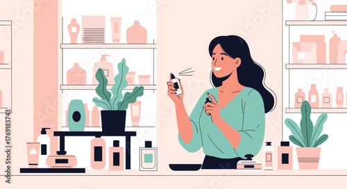 A cheerful woman applies a facial mist in a bright room, surrounded by an array of skincare and beauty products, illustrating a self-care routine.