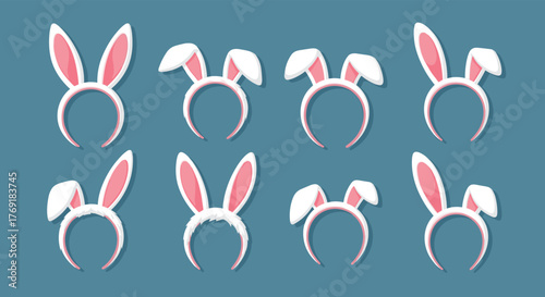 Collection of eight fluffy and smooth white and pink bunny ear headbands in various styles on a teal background, ready for fun.