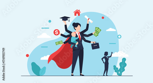 Superwoman in a business suit balances career, family, finances, and education with multiple arms, demonstrating multitasking and strength.